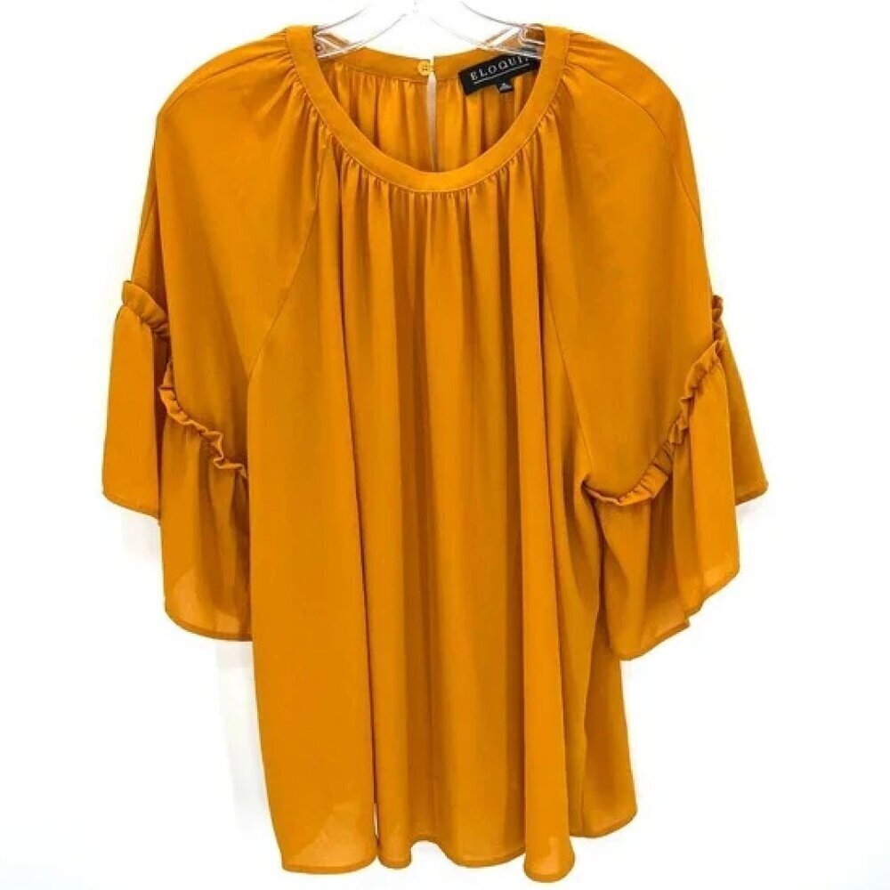 Eloquii Mustard Yellow Bell Sleeve Ruffle Blouse Plus Size 18 Crepe Top - Picture 2 of 7